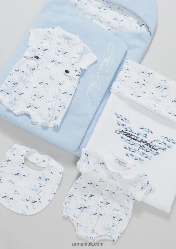 Gift Set Of Romper And Bib In Small Fish Print Boy VP6Z82700 Armani Pattern