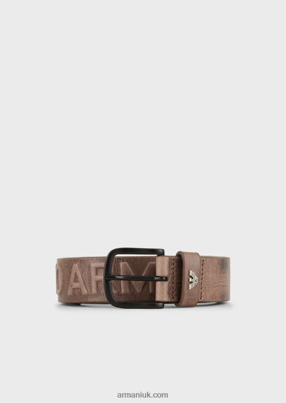 Vintage-Effect Leather Belt With Embossed Oversized Lettering Men VP6Z82004 Armani Gray