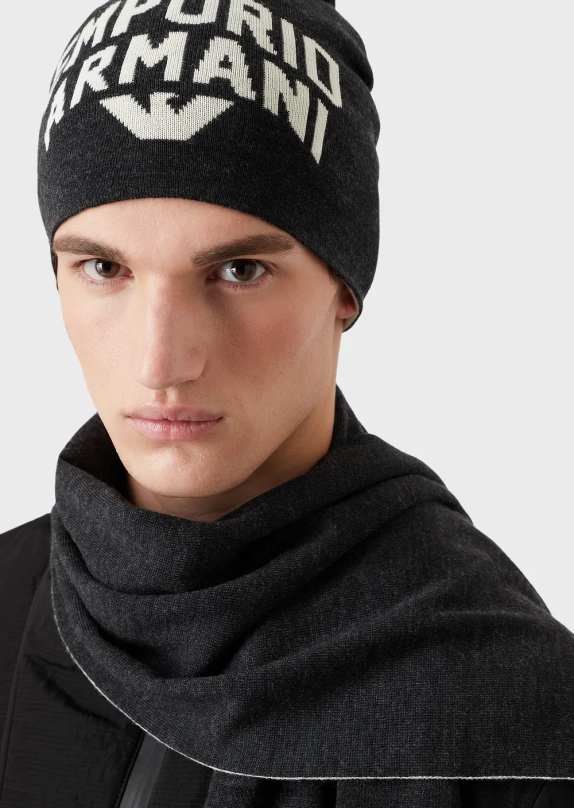 Wool-Blend Beanie With Jacquard Lettering Men VP6Z82036 Armani Dark Gray