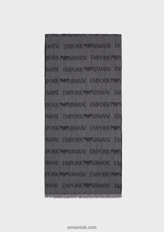 Virgin-Wool Blend Scarf With Jacquard Logo Lettering And Fringes Men VP6Z82123 Armani Gray
