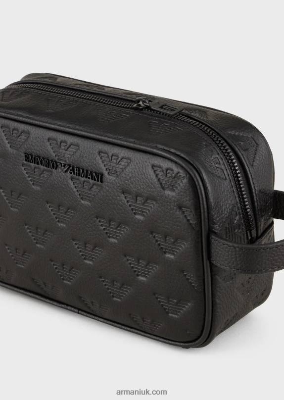 Leather Washbag With All-Over Embossed Eagle Men VP6Z82213 Armani Black