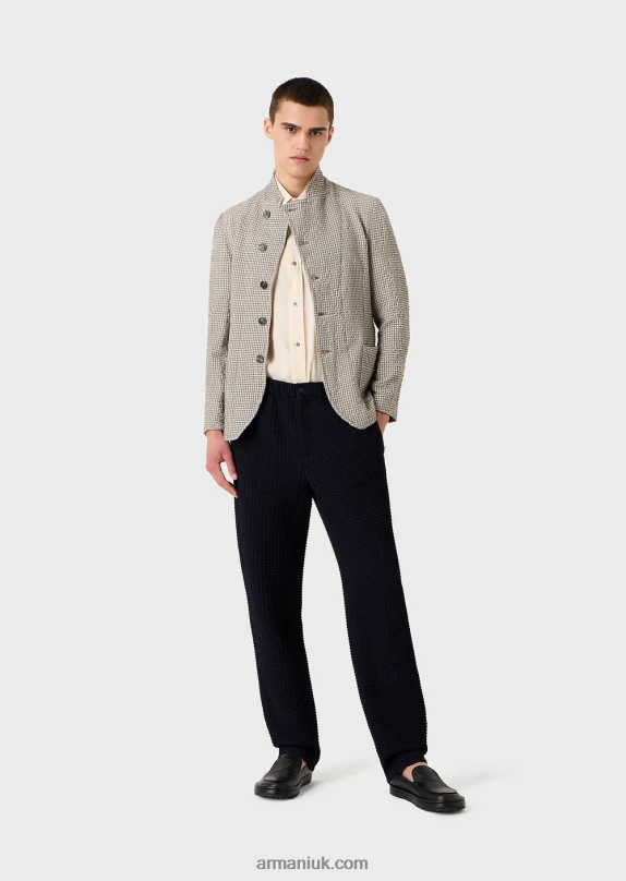 3D-Effect Stretch Houndstooth Virgin-Wool Blend Jacket With Guru Collar Men VP6Z81032 Armani Brown