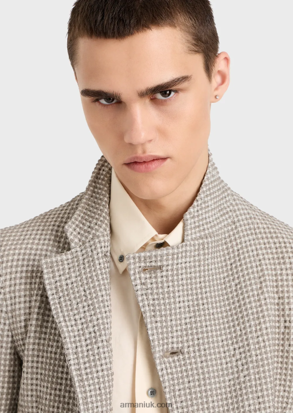 3D-Effect Stretch Houndstooth Virgin-Wool Blend Jacket With Guru Collar Men VP6Z81032 Armani Brown