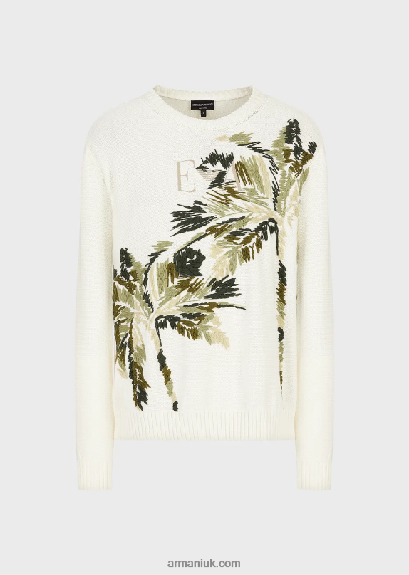 Plain-Knit Knit Jumper With Palm Tree Embroidery Men VP6Z81254 Armani Milky White