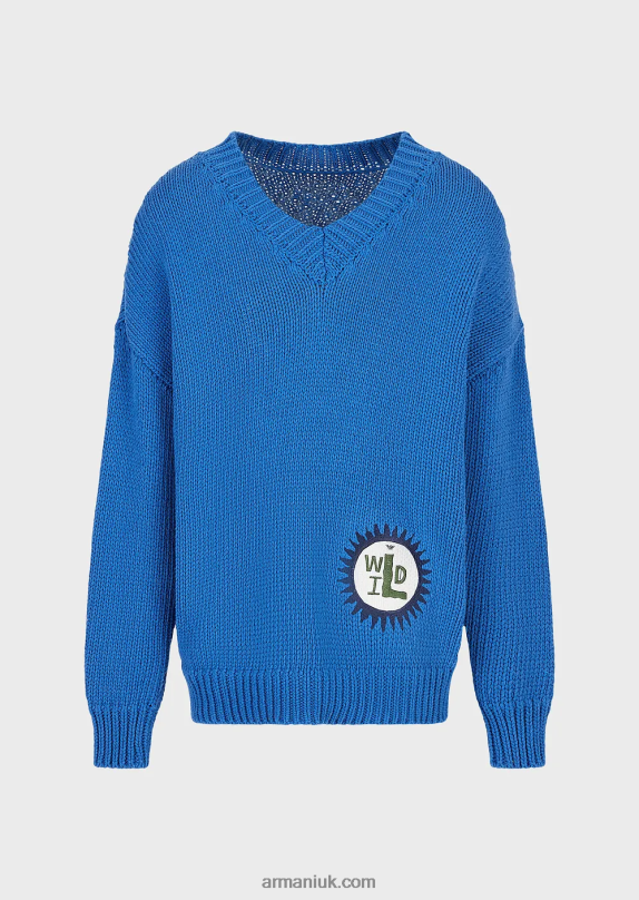 Sustainable Collection Oversized V-Neck Recycled Cotton-Blend Jumper With A Patch Men VP6Z81258 Armani Electric Blue