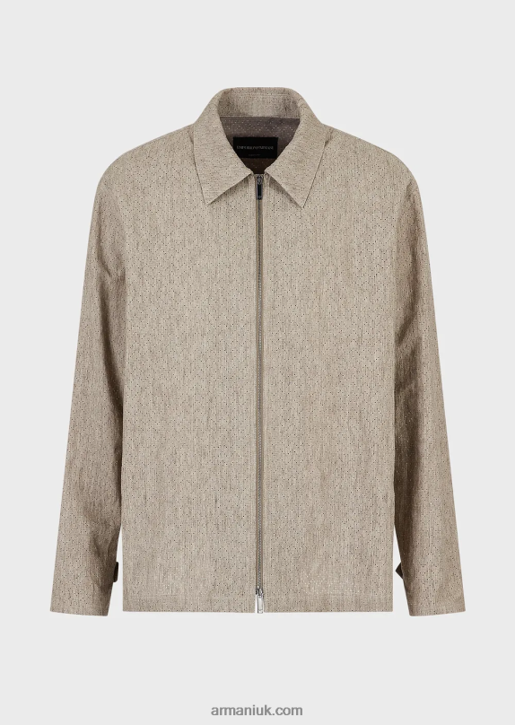 Coated Linen Zip-Up Blouson With Openwork Chevron Motif Men VP6Z81337 Armani Beige