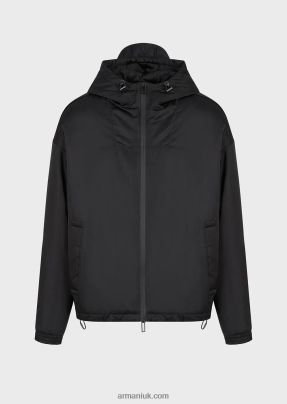 Full-Zip Water-Repellent Hooded Blouson In Recycled Nylon With Logo Tape Men VP6Z81323 Armani Black