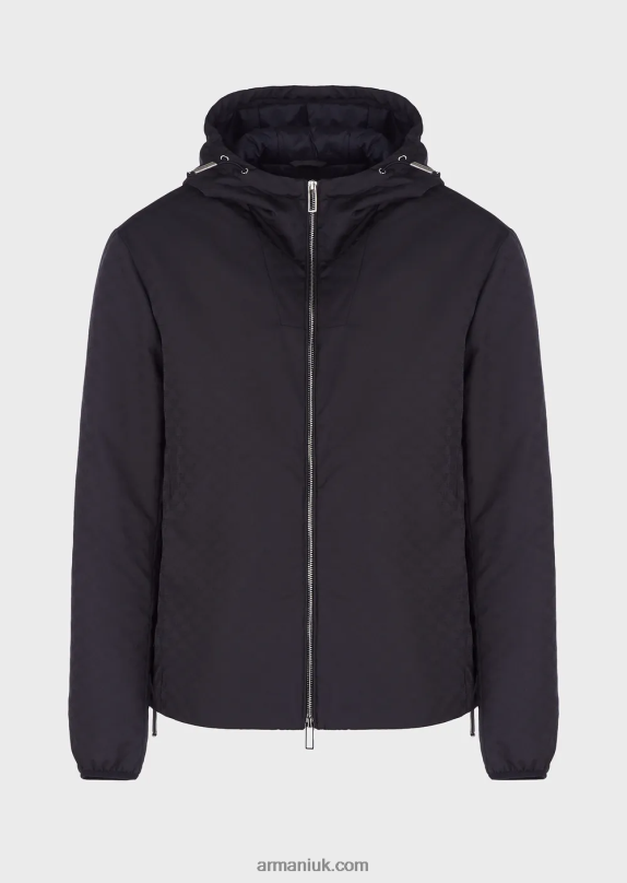 Hooded, Nylon Jacket With All-Over Jacquard Monogram Men VP6Z81359 Armani Midnight Blue