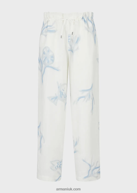 All-Over Coral Print Linen Drawstring Trousers Men VP6Z81459 Armani White