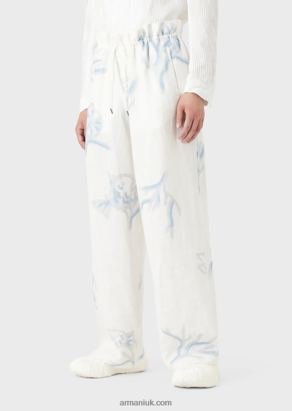 All-Over Coral Print Linen Drawstring Trousers Men VP6Z81459 Armani White