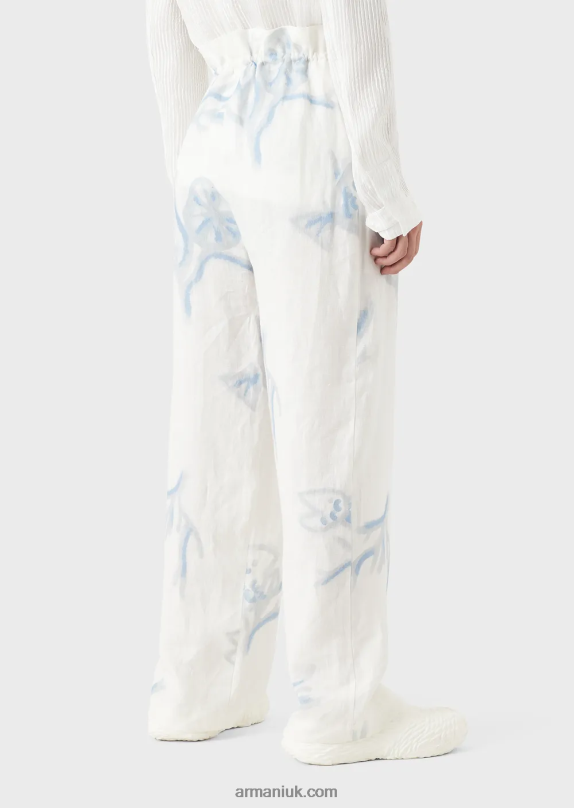 All-Over Coral Print Linen Drawstring Trousers Men VP6Z81459 Armani White