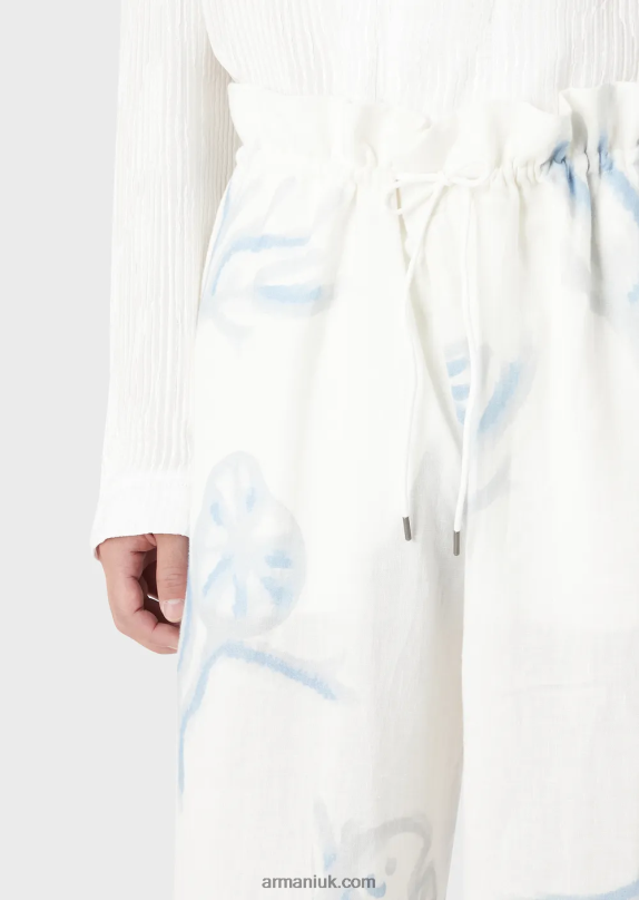 All-Over Coral Print Linen Drawstring Trousers Men VP6Z81459 Armani White