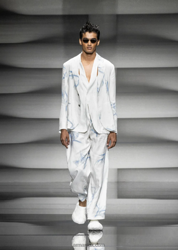 All-Over Coral Print Linen Drawstring Trousers Men VP6Z81459 Armani White