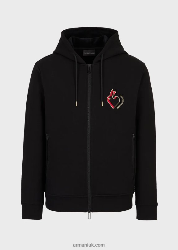 Double-Jersey Hooded Zip-Up Sweatshirt With Rabbit Embroidery Men VP6Z81444 Armani Black