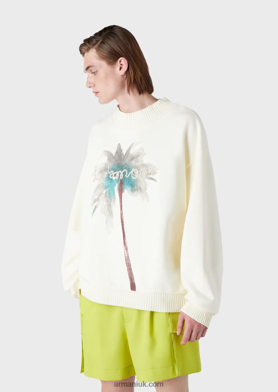 Sweatshirt With Palm Tree Print And L'Amour Embroidery Men VP6Z81590 Armani White