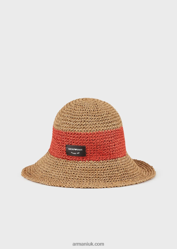 Woven Raffia Cloche Hat With Logo Patch Women VP6Z8772 Armani Orange