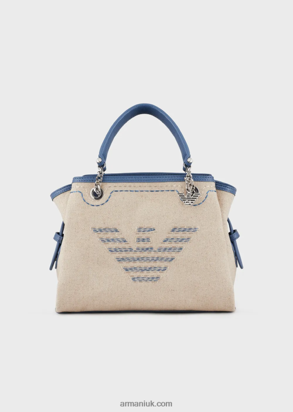 Linen Handbag With Oversized Embroidery And Eagle Charm Women VP6Z8732 Armani Beige Logo