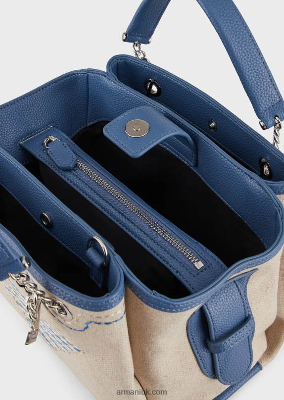 Linen Handbag With Oversized Embroidery And Eagle Charm Women VP6Z8732 Armani Beige Logo