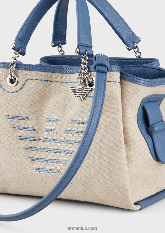 Linen Handbag With Oversized Embroidery And Eagle Charm Women VP6Z8732 Armani Beige Logo