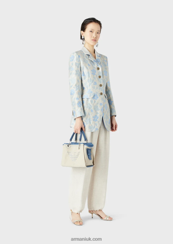 Linen Handbag With Oversized Embroidery And Eagle Charm Women VP6Z8732 Armani Beige Logo