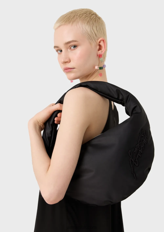 Two-Toned Nylon Hobo Bag With Signature Embroidery Women VP6Z8745 Armani Black