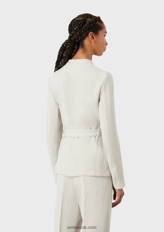 Guru Collar Jacket With Belt In Micro Chevron Linen Women VP6Z851 Armani Beige