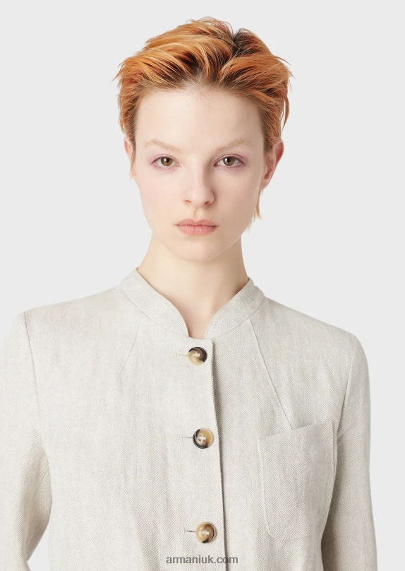 Guru Collar Jacket With Belt In Micro Chevron Linen Women VP6Z851 Armani Beige