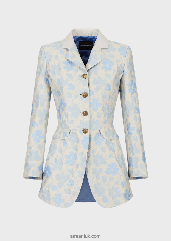 Long Flared Jacket With Lapels With An All-Over Floral Jacquard Linen Blend Women VP6Z82742 Armani