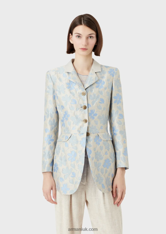 Long Flared Jacket With Lapels With An All-Over Floral Jacquard Linen Blend Women VP6Z82742 Armani