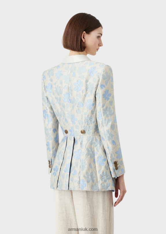 Long Flared Jacket With Lapels With An All-Over Floral Jacquard Linen Blend Women VP6Z82742 Armani