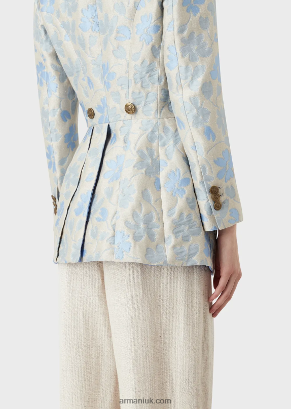Long Flared Jacket With Lapels With An All-Over Floral Jacquard Linen Blend Women VP6Z82742 Armani