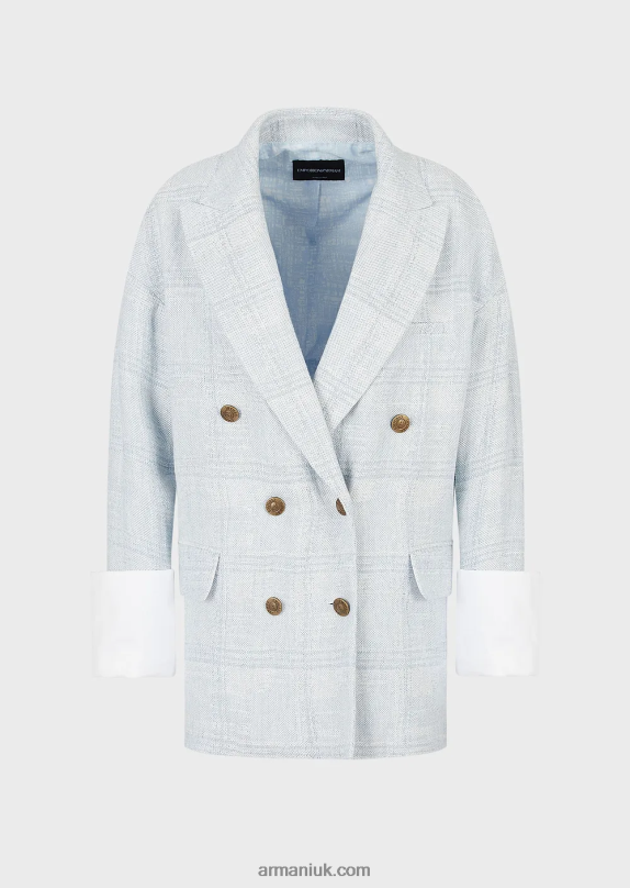 Oversized, Double-Breasted Blazer In A Prince Of Wales Check Linen And Hemp Blend Women VP6Z82740 Armani Azure