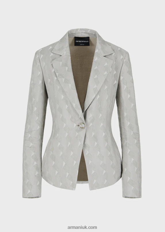 Single-Breasted Jacket In A Fluid Cupro And Linen Blend Jacquard With A Geometric Pattern Women VP6Z862 Armani Gray