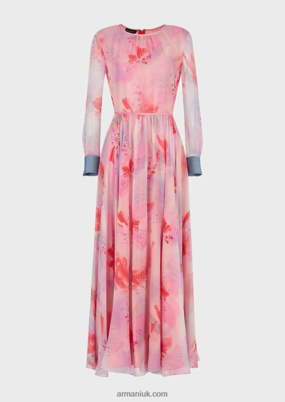 Floral-Print Silk-Chiffon Long Dress With Cuffs Women VP6Z8115 Armani