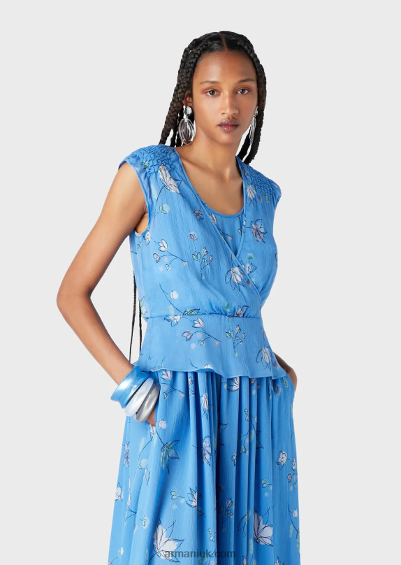 Stylised Flower Pattern Silk Crepon Top With Cross-Over V Neck Women VP6Z8357 Armani