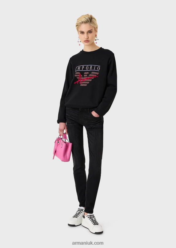 Organic French Terrycloth Sweatshirt With Embossed-Fabric Lettering And Logo Print Women VP6Z8420 Armani Black