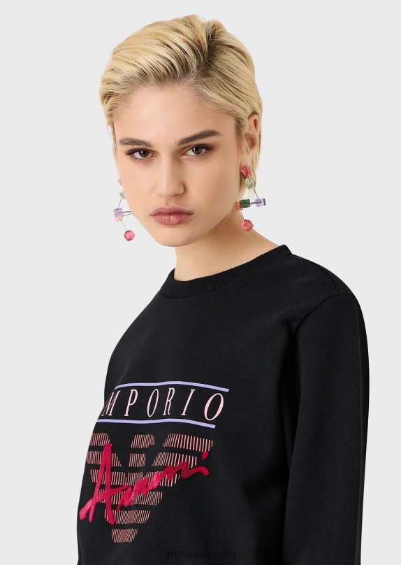 Organic French Terrycloth Sweatshirt With Embossed-Fabric Lettering And Logo Print Women VP6Z8420 Armani Black