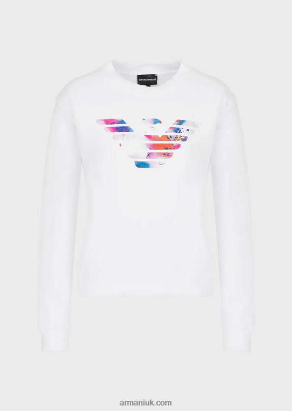 Organic French Terrycloth Sweatshirt With Oversized Eagle Pattern Women VP6Z8418 Armani White