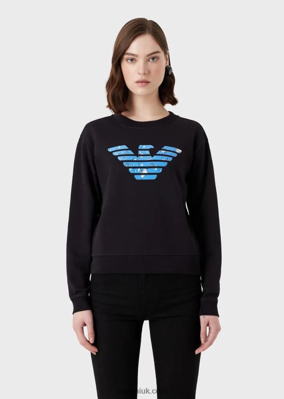 Organic French Terrycloth Sweatshirt With Oversized Eagle Pattern Women VP6Z8419 Armani Navy Blue