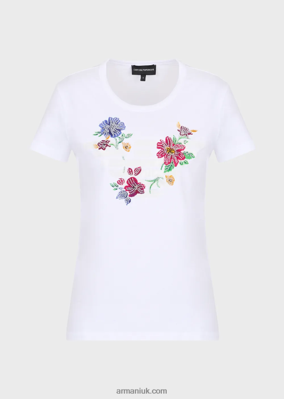 Jersey T-Shirt With Oversized Rubberised Eagle And Beaded Flower Embroidery Women VP6Z8490 Armani White