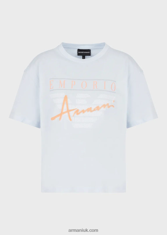 Light Organic-Jersey T-Shirt With Embossed Fabric Lettering And Logo Print Women VP6Z8430 Armani Azure