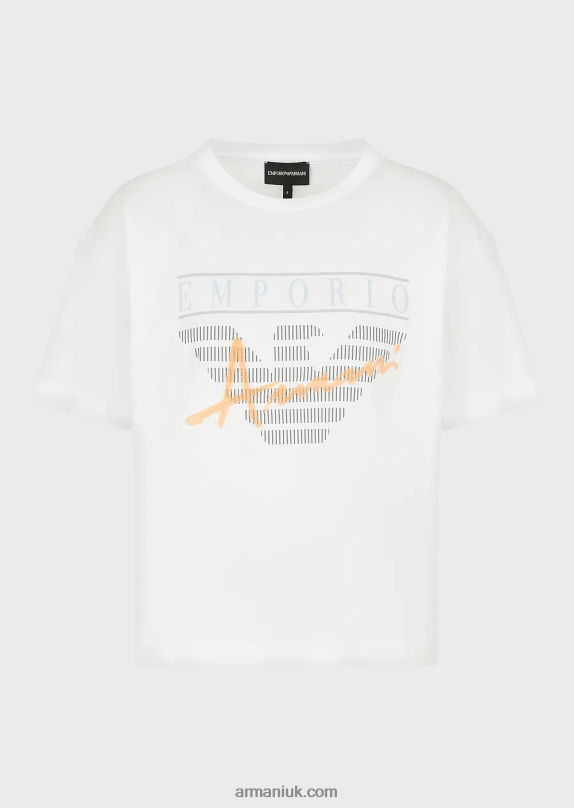 Light Organic-Jersey T-Shirt With Embossed Fabric Lettering And Logo Print Women VP6Z8431 Armani White