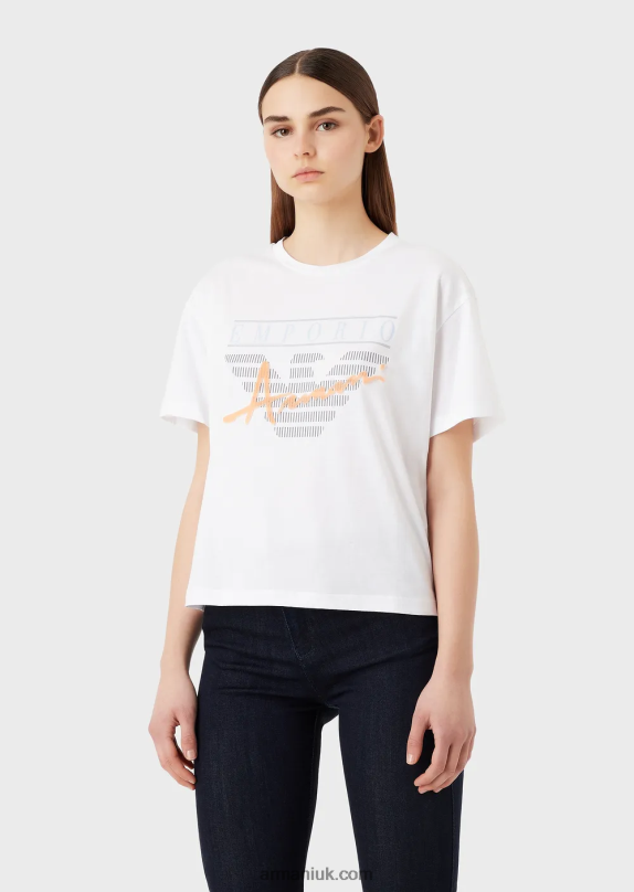 Light Organic-Jersey T-Shirt With Embossed Fabric Lettering And Logo Print Women VP6Z8431 Armani White