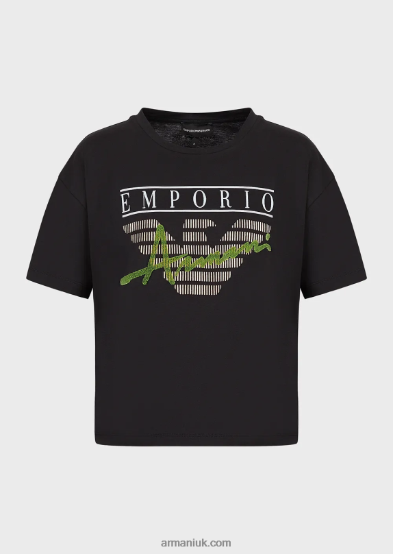 Light Organic-Jersey T-Shirt With Embossed Fabric Lettering And Logo Print Women VP6Z8432 Armani Black