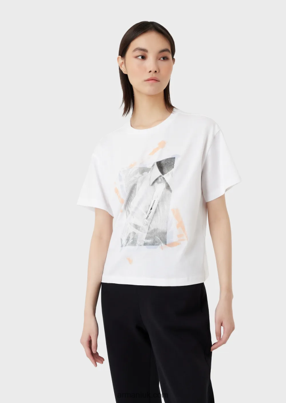 Medium Organic-Jersey T-Shirt With Close-Up Shirt Print And Embroidery Women VP6Z8436 Armani White