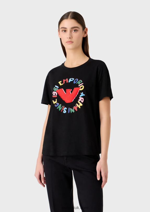 Slub-Jersey T-Shirt With Eagle Print And Embroidery Women VP6Z8441 Armani Black