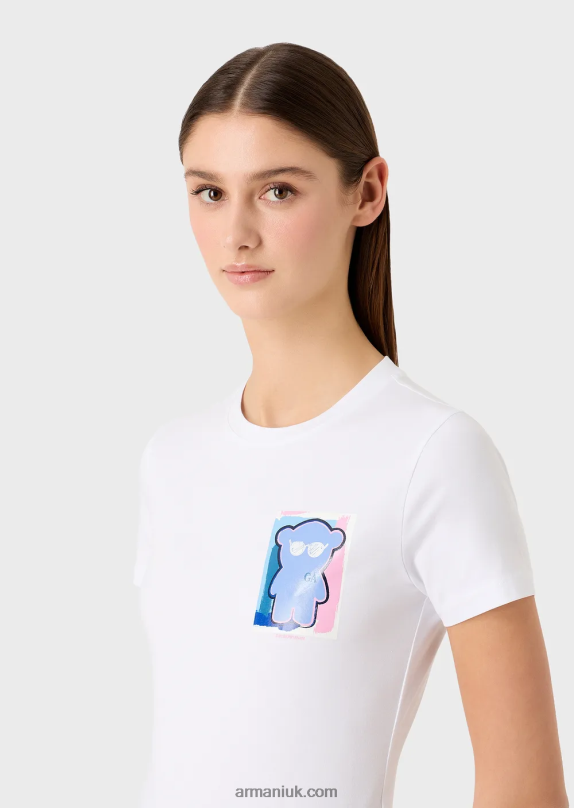 Stretch-Jersey T-Shirt With Manga Bear Print Women VP6Z8454 Armani White