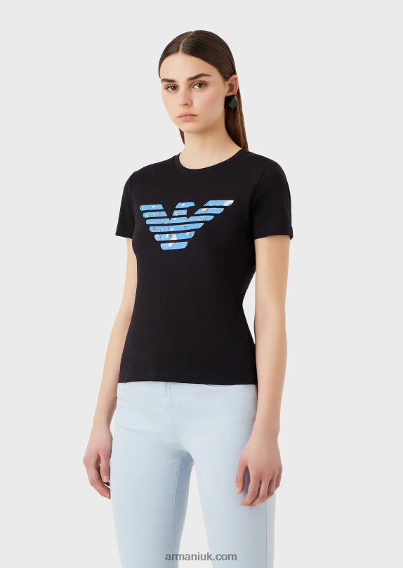 Stretch-Jersey T-Shirt With Oversized Eagle Pattern Women VP6Z8459 Armani Navy Blue