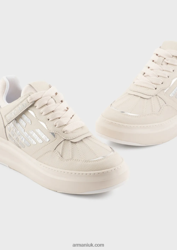 Leather Sneakers With Laminated Eagle Women VP6Z8560 Armani Milky White